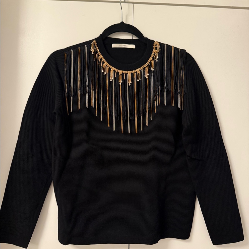 Uterque Black Blouse with Gold Fringe